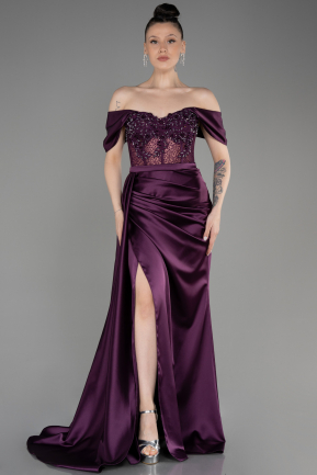 Длинное Атласное Вечернее Платье Тёмно-пурпурный ABU3818