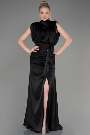 Длинное Атласное Вечернее Платье Черный ABU2133