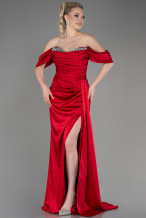 Длинное Атласное Вечернее Платье красный ABU2661