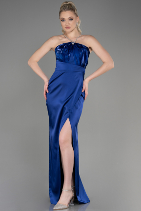 Платья на Выпускной Длинный Атласный Темно-синий ABU3525