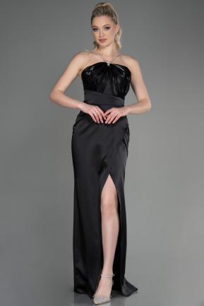 Long Black Satin Prom Gown ABU3525