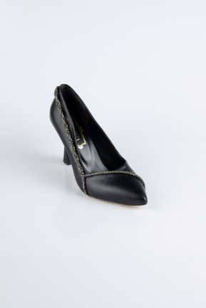 Siyah Deri Stiletto Abiye Ayakkabı MJD5158