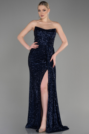 Длинное Чешуйчатое Вечернее Платье Темно-синий ABU3134