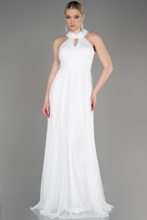 Ekru Halter Yaka Uzun Abiye Elbise ABU3252