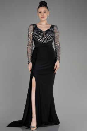Black-Silver Long Sleeve Evening Dress ABU3834