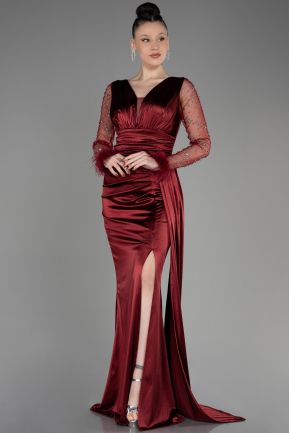 Burgundy Long Sleeve Slit Satin Evening Dress ABU3835