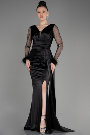 Black Long Sleeve Slit Satin Evening Dress ABU3835