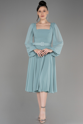 Turquoise Long Sleeve Midi Chiffon Cocktail Dress ABK2026