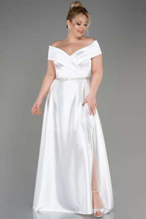 Long White Satin Plus Size Wedding Dress ABU3801