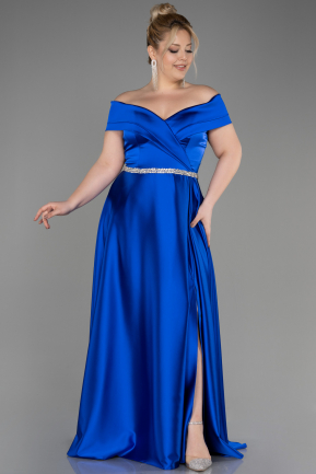 Long Sax Blue Satin Plus Size Wedding Dress ABU3801