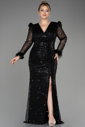 Black Long Sleeve Scaly Plus Size Evening Dress ABU3861