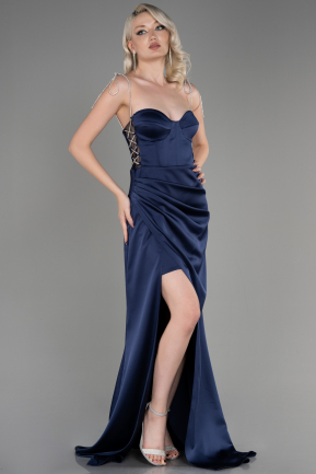 Navy Blue Strapless Slit Long Satin Evening Dress ABU3866