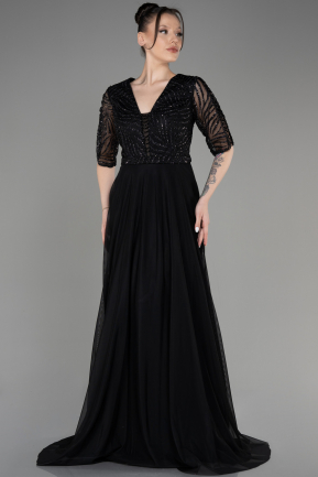 Black Glittery Short Sleeve Long Plus Size Evening Dress ABU3844