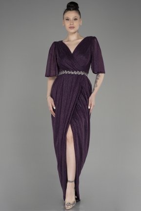 Dark Purple Short Sleeve Slit Glittery Midi Plus Size Evening Dress ABK2051