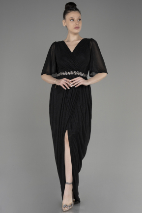 Black Short Sleeve Slit Glittery Midi Plus Size Evening Dress ABK2051
