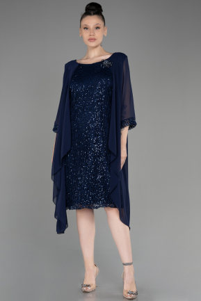Navy Blue Capri Sleeve Chiffon Plus Size Evening Dress ABK2052