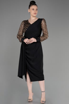 Black-Gold Silvery Long Sleeve Midi Plus Size Invitation Dress ABK2053
