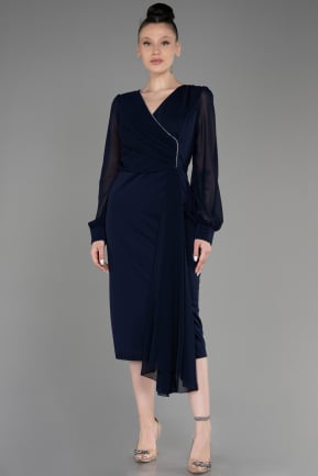 Navy Blue Chiffon Long Sleeve Plus Size Invitation Dress ABK2054