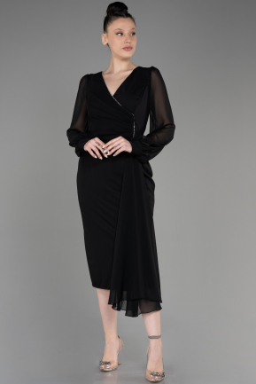 Black Chiffon Long Sleeve Plus Size Invitation Dress ABK2054