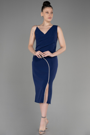 Navy Blue Sleeveless Midi Plus Size Invitation Dress ABK2059