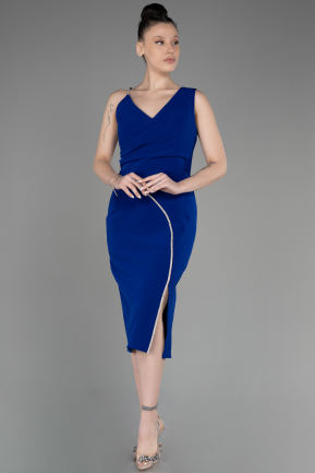 Sax Blue Sleeveless Midi Plus Size Invitation Dress ABK2059