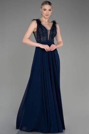 Navy Blue Sleeveless Long Chiffon Evening Dress ABU3856