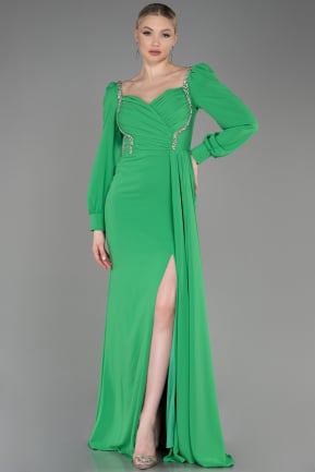 Yeşil Uzun Kol Yırtmaçlı Şifon Abiye Elbise ABU3885