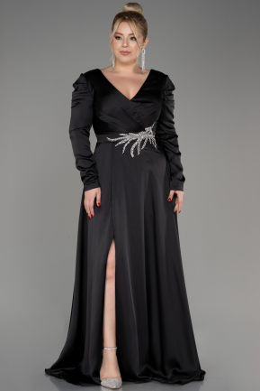 Siyah Uzun Kol Saten Büyük Beden Nişan Elbisesi ABU3941