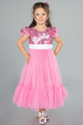 Pembe Tokalı Üstü Pullu Barbie Kız Çocuk Abiye ABU4033