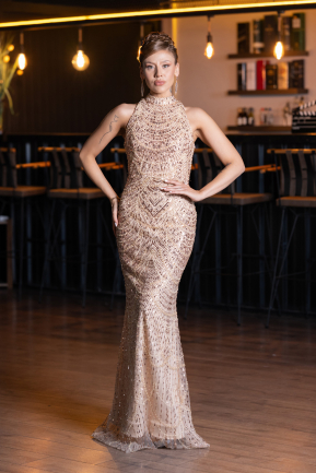 Gold Halter Yaka Boncuklu Uzun Balık Abiye ABU4791