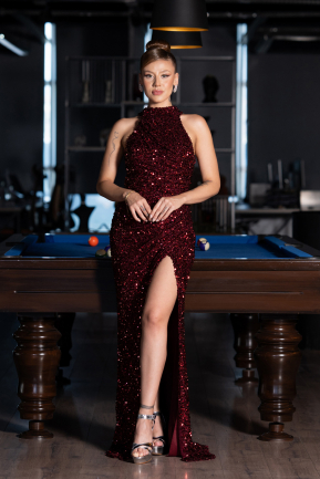 Bordo Halter Yaka Bacak Dekolteli Uzun Pullu Abiye ABU5135
