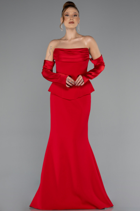 Kırmızı Straplez Peplum Kesim Eldivenli Uzun Abiye ABU5421
