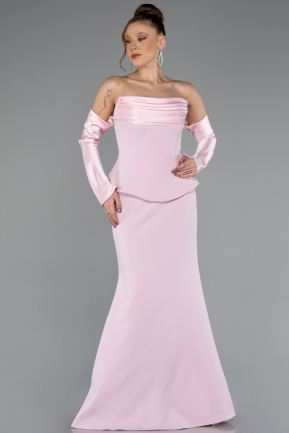 Pudra Straplez Peplum Kesim Eldivenli Uzun Abiye ABU5421