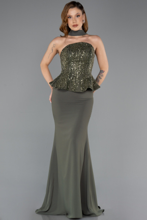 Haki Taşlı Straplez Peplum Kesim Uzun Balık Abiye ABU5457