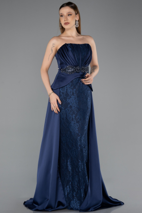 Lacivert Straplez Peplum Kuyruklu Uzun Dantel Abiye ABU5615