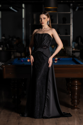 Siyah Straplez Peplum Kesim Kuyruklu Uzun Dantel Abiye ABU5615