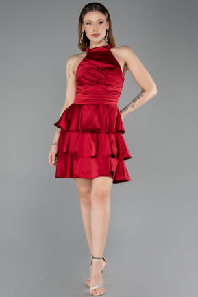 Bordo Halter Yaka Kısa Saten Mezuniyet Elbisesi ABK2528