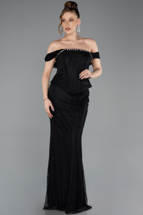Siyah Straplez Peplum Kesim Uzun Dantel Abiye Elbise ABU5685