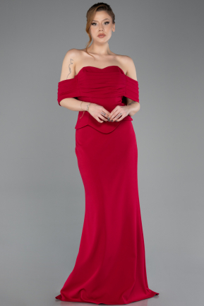 Koyu Fuşya Straplez Peplum Kesim Uzun Abiye Elbise ABU5559