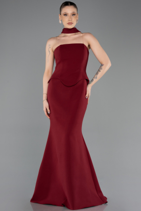 Bordo Straplez Peplum Kesim Uzun Abiye Elbise ABU5735