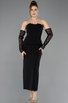 Siyah Straplez Peplum Midi Davet Elbisesi ABK2539