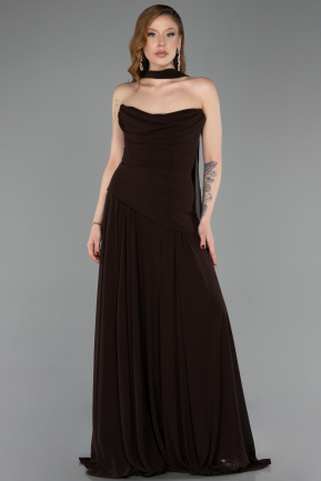 Kahve Straplez Peplum Kesim Uzun Şifon Abiye Elbise ABU5763