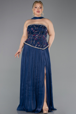 Lacivert Straplez Peplum Pliseli Büyük Beden Abiye ABU5793