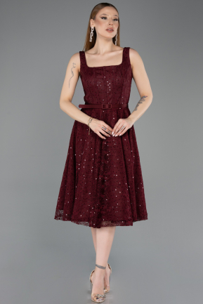 Bordo Kolsuz Kare Yaka Pullu Midi Dantel Gece Elbisesi ABK2549