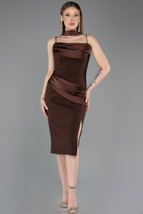 Kahve Askılı Şallı Midi Davet Elbisesi ABK2559