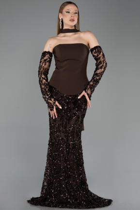 Kahve Straplez Peplum Şallı Uzun Pullu Balık Abiye ABU5896