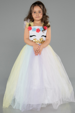 Rins Unicorn Baskılı Pastel Renk Geçişli Tül Kız Çocuk Abiye Elbise ABU5908