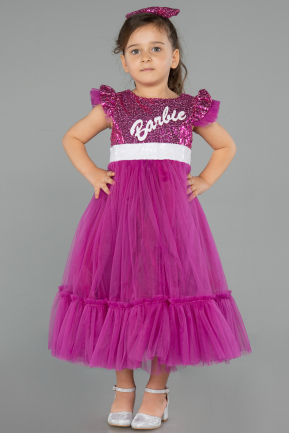 Fuşya Tokalı Üstü Pullu Barbie Kız Çocuk Abiye ABU4033
