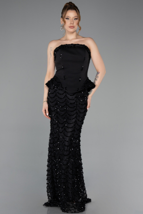 Siyah Straplez Peplum Uzun Pullu Abiye Elbise ABU5919