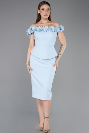 Buz Mavisi Çiçekli Kayık Yaka Peplum Midi Kalem Abiye Elbise ABK2583